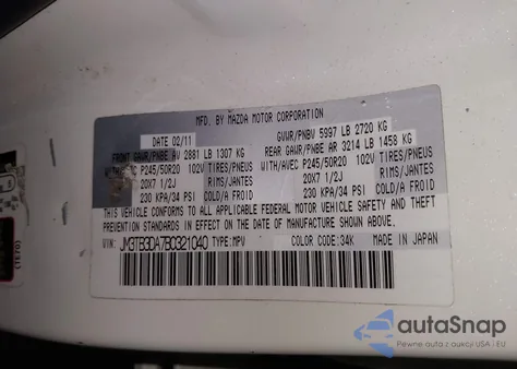 2011 Mazda Cx-9 Grand Touring z USA, uszkodzony, nr VIN JM3TB3DA7B0321040